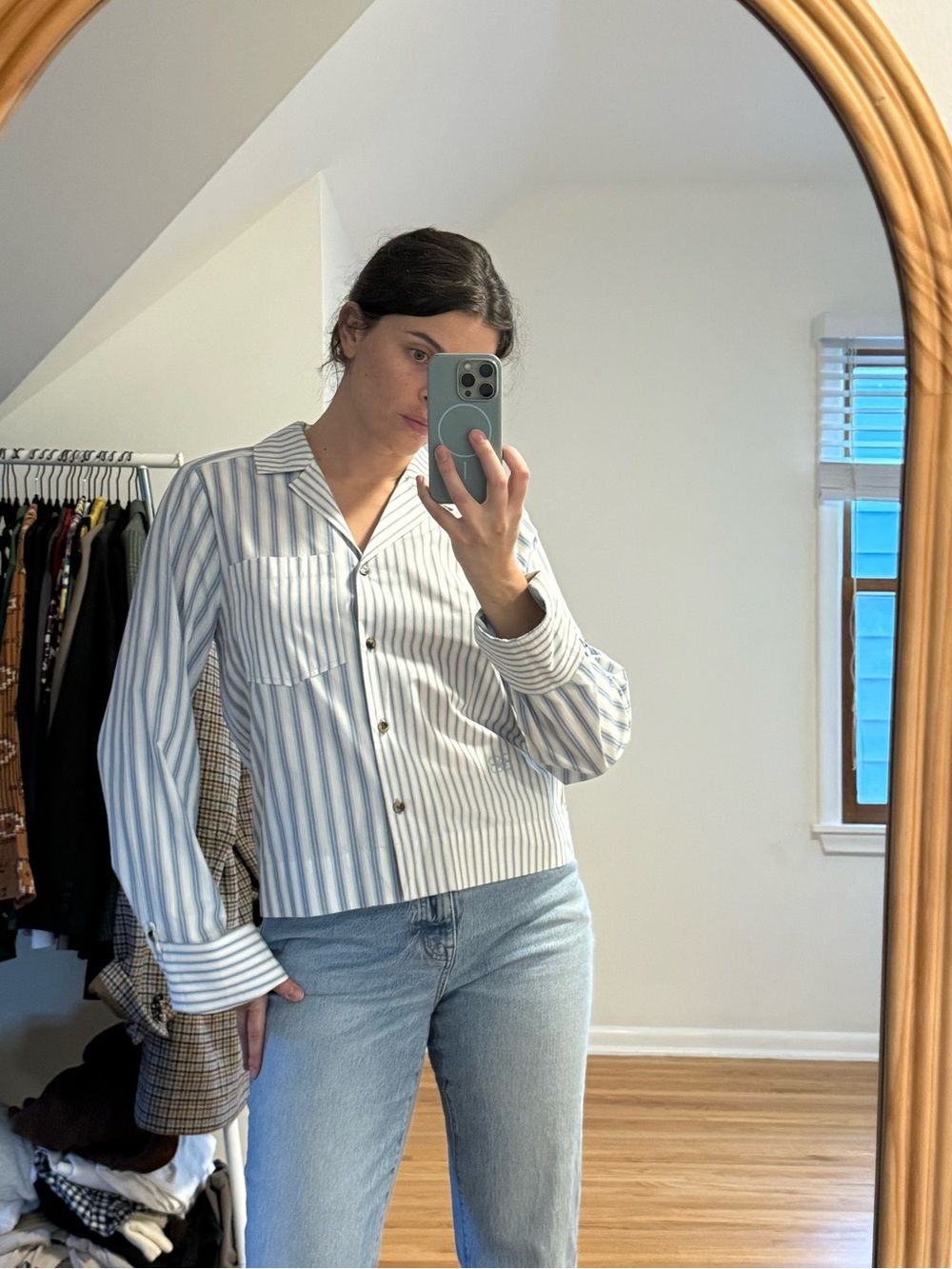 Ganni Light Blue and White Striped Button-Down Shirt
